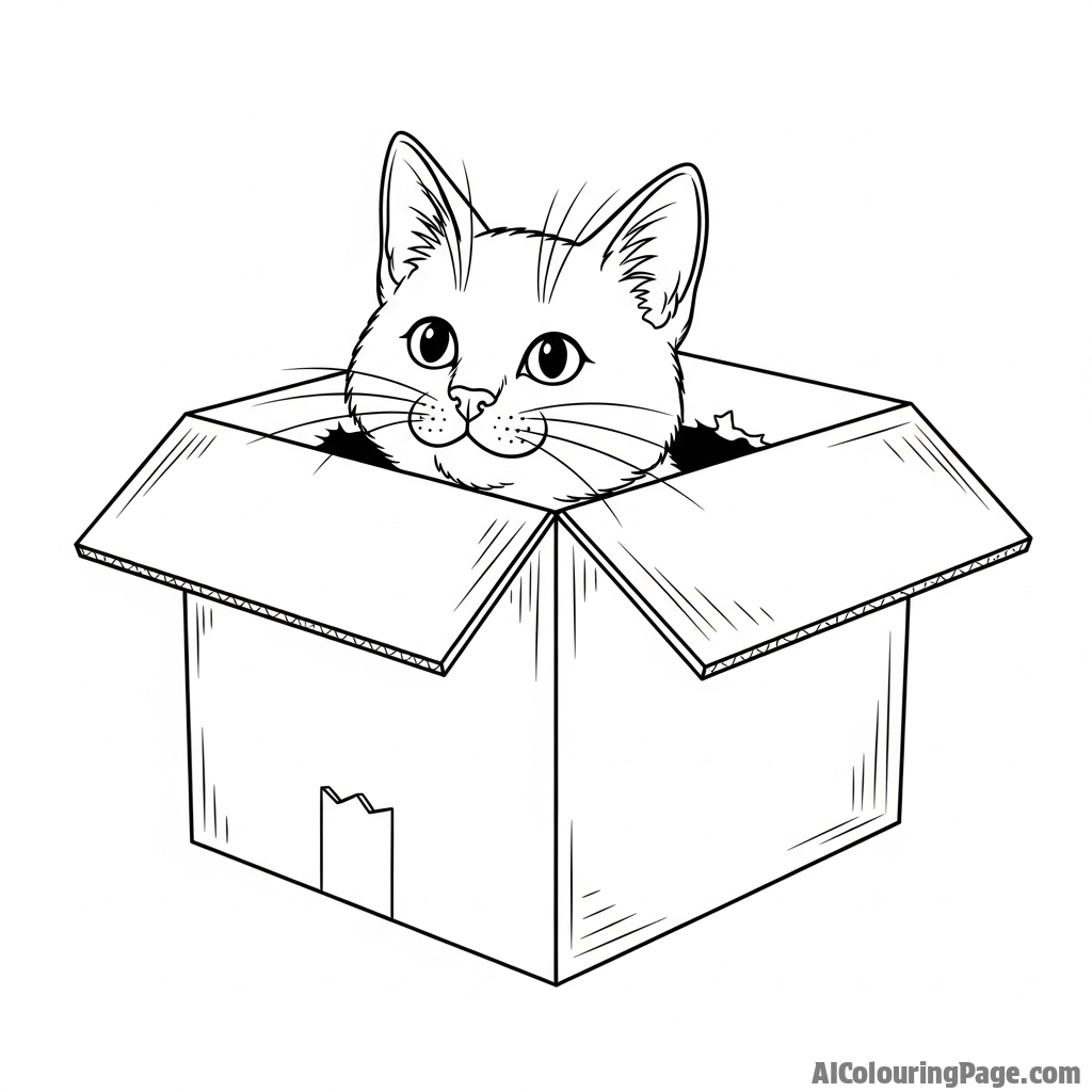 A cat hiding in a cardboard box, peering out through a small hole.