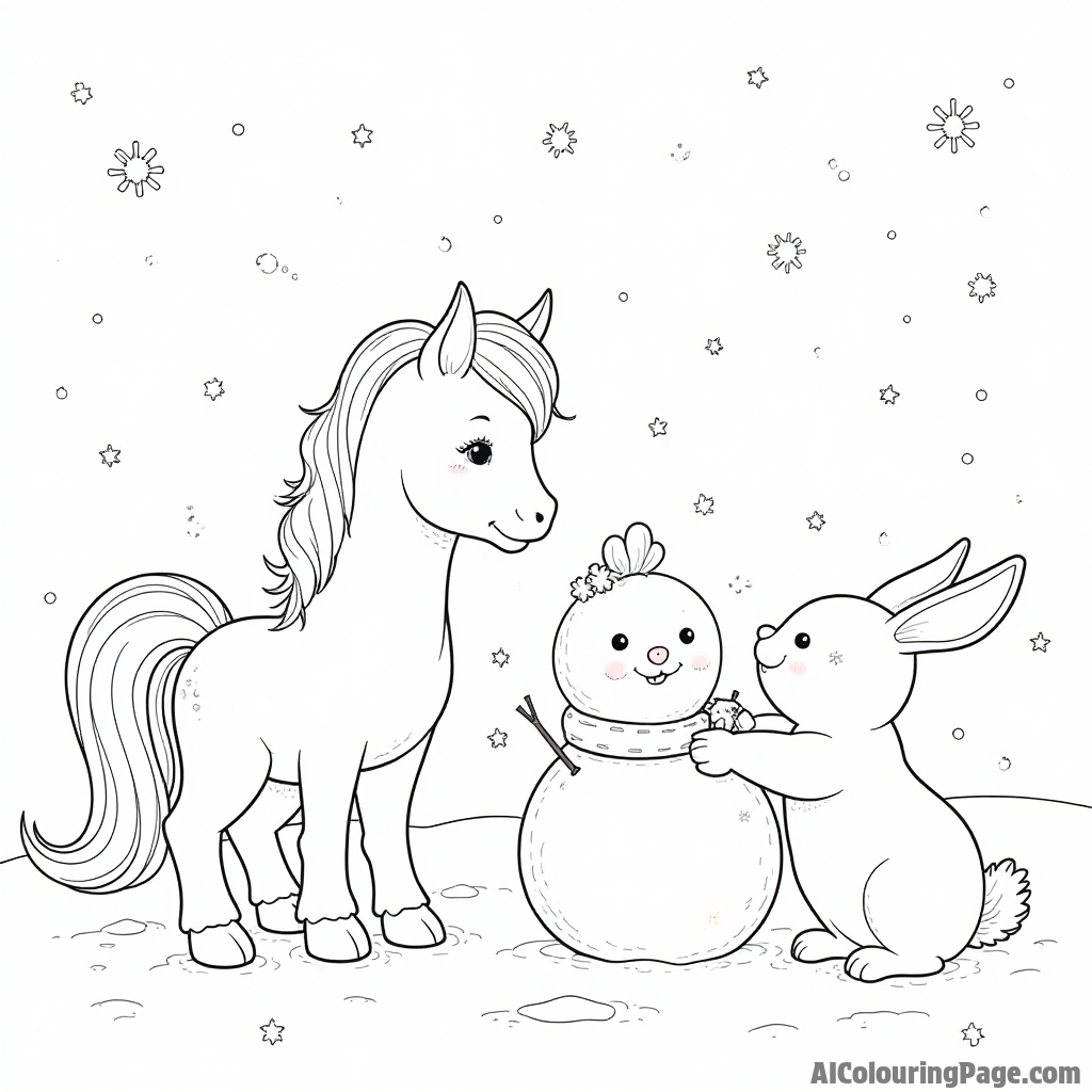 A pony and a rabbit building a snowman in a winter wonderland with snowflakes falling from the sky.