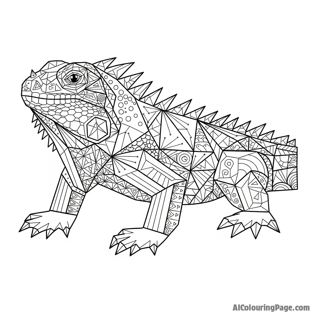 An abstract representation of an iguana using geometric shapes and patterns.