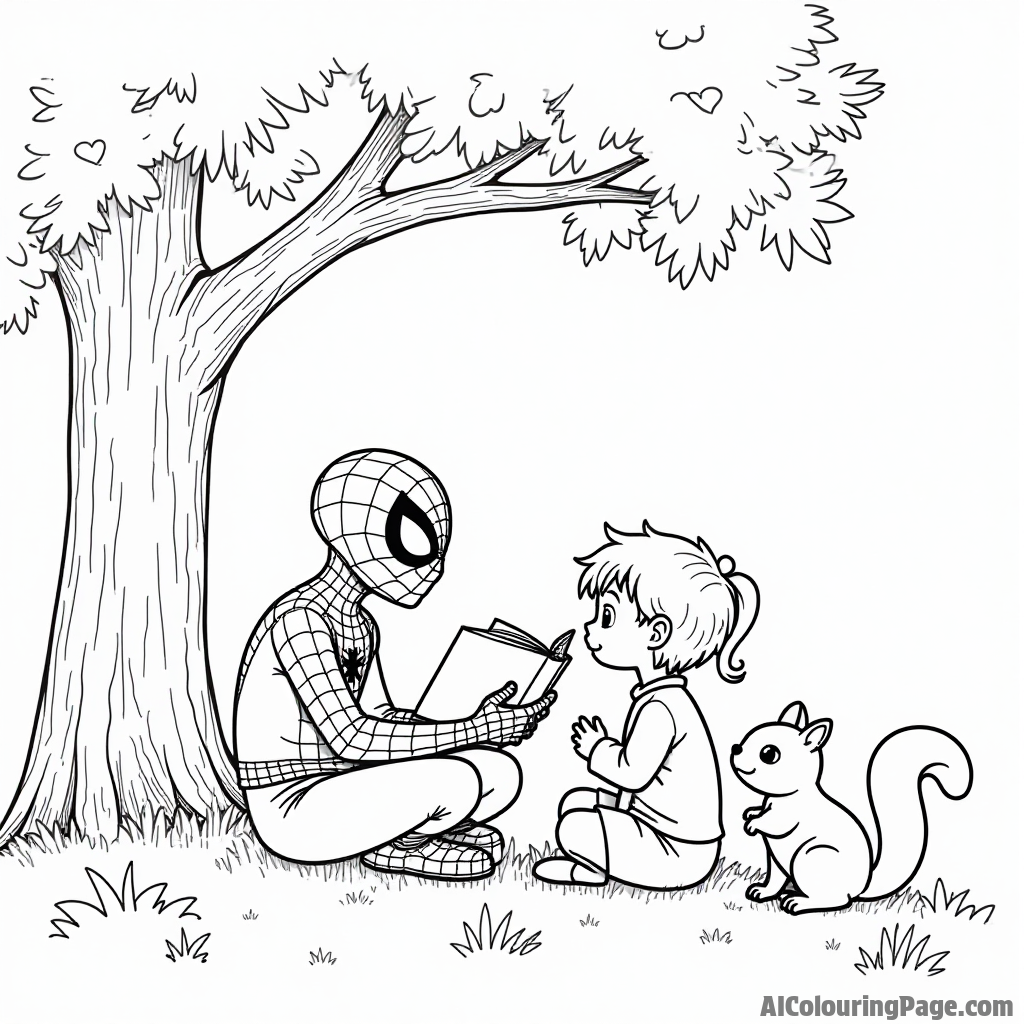 Spiderman reading a storybook to children under a tree, sunlight filtering through leaves, a friendly squirrel watching