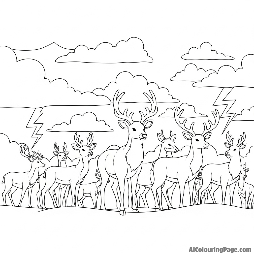 A herd of deer silhouetted against a dramatic, stormy sky.