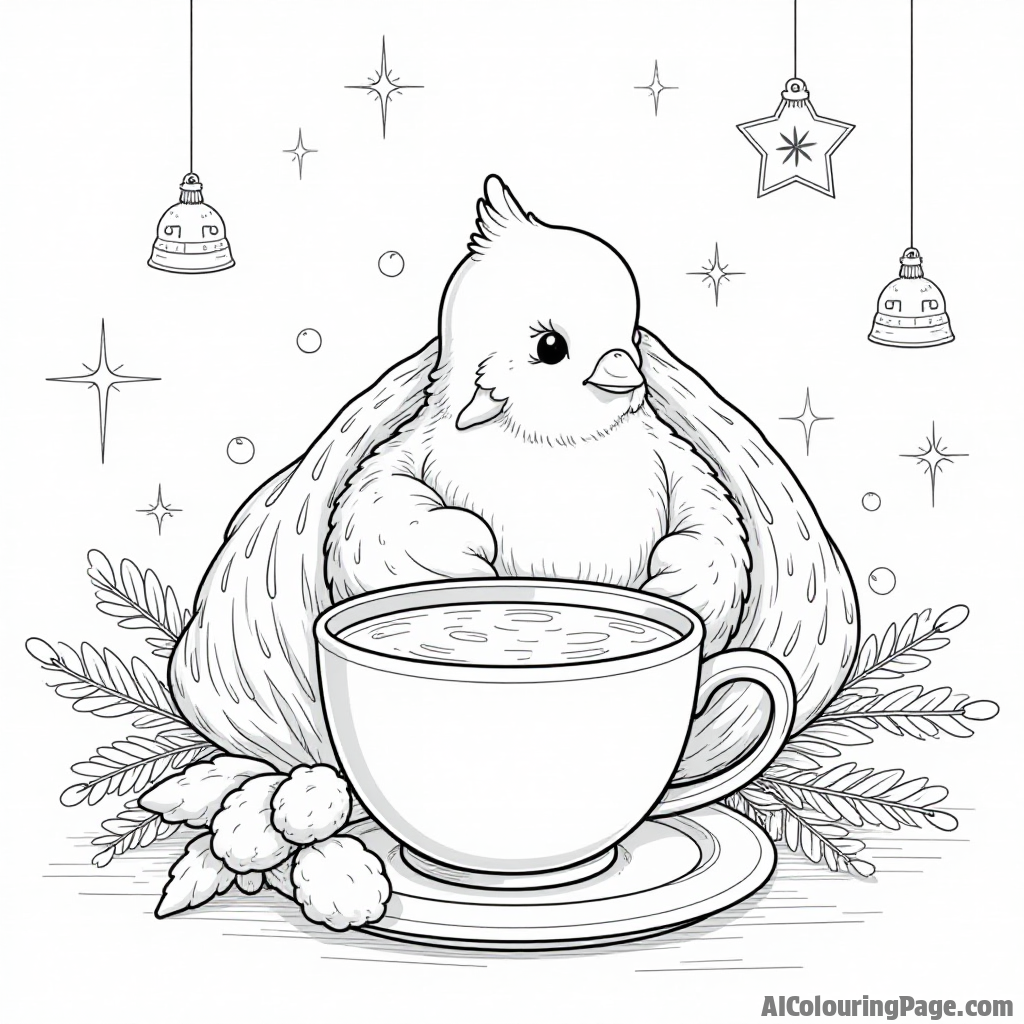 A dove nestled in a cozy blanket with a cup of hot cocoa, surrounded by winter-themed decorations for a cozy coloring page.