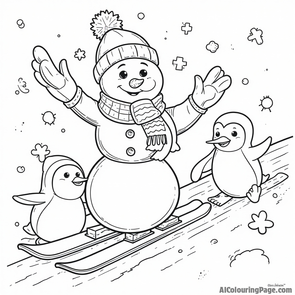 A happy snowman wearing a colorful scarf skiing downhill with two cheerful penguins sliding beside him, surrounded by fluffy snowflakes in a winter wonderland scene for kids to color.