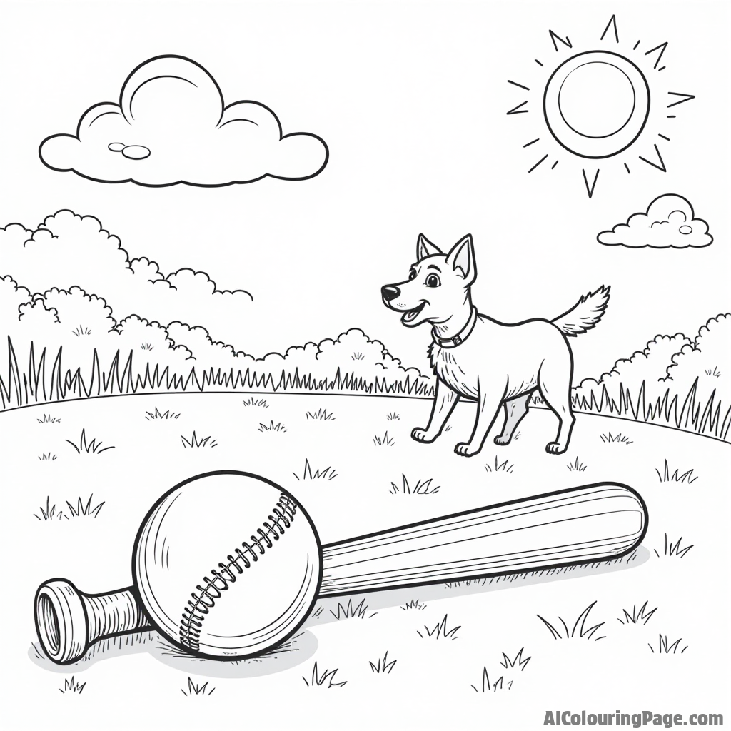 A classic baseball bat and ball resting on a grassy field, a sunny sky, and a friendly dog playing fetch, all outlined for children to color and enjoy.