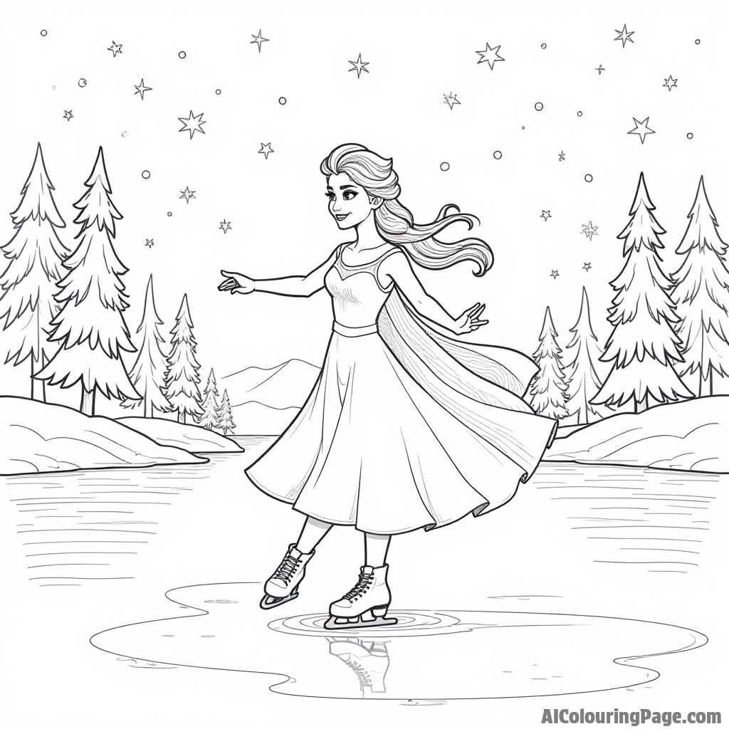 Elsa ice skating gracefully on a frozen lake under a starry night