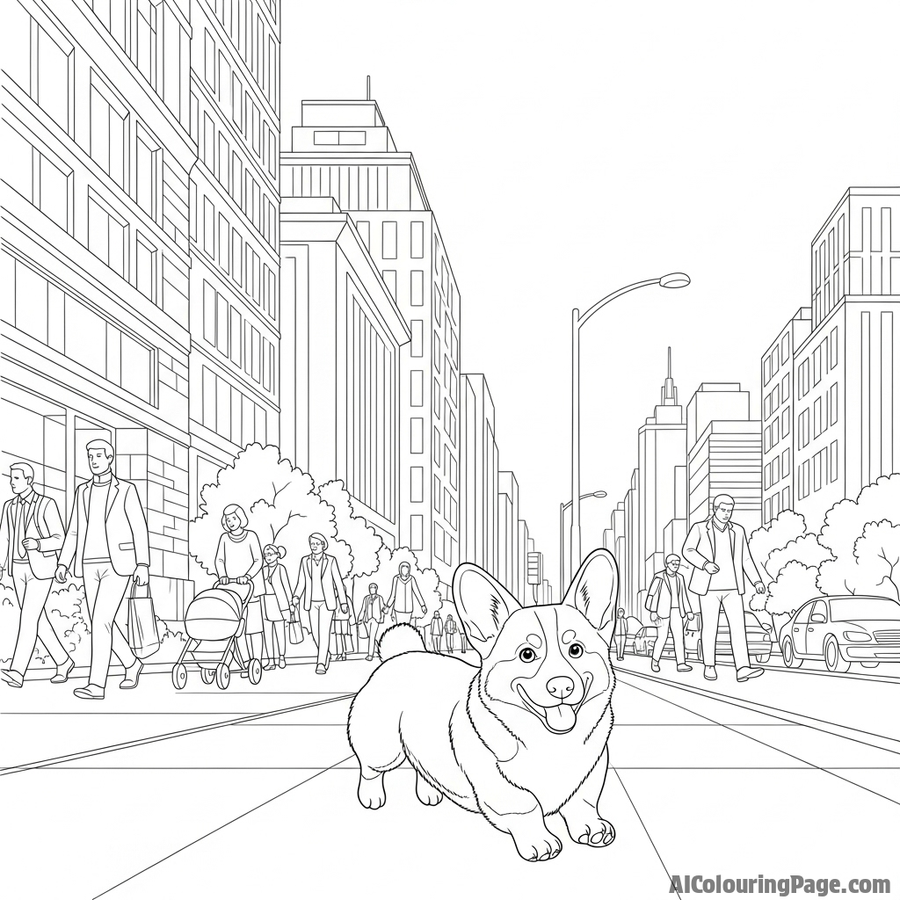A low-angle shot of a corgi trotting confidently down a busy city sidewalk.