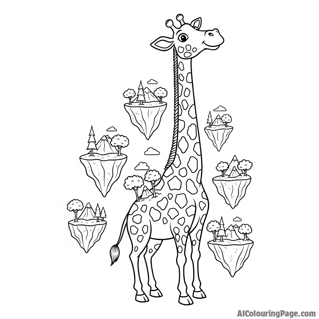 A surreal concept of a giraffe whose spots are tiny, floating islands.