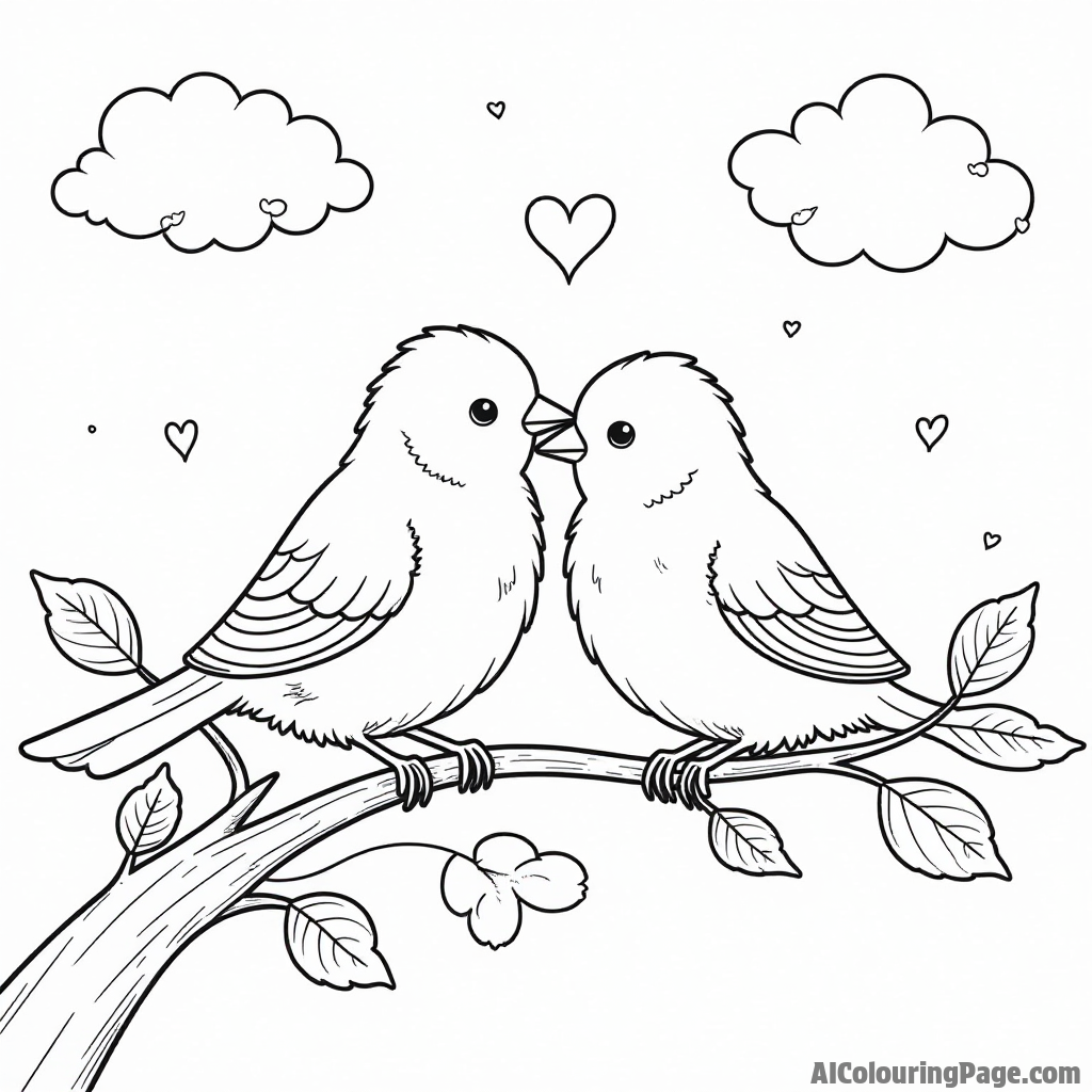 A pair of lovebirds perched on a shamrock branch, surrounded by hearts and small clouds in a bright sky.