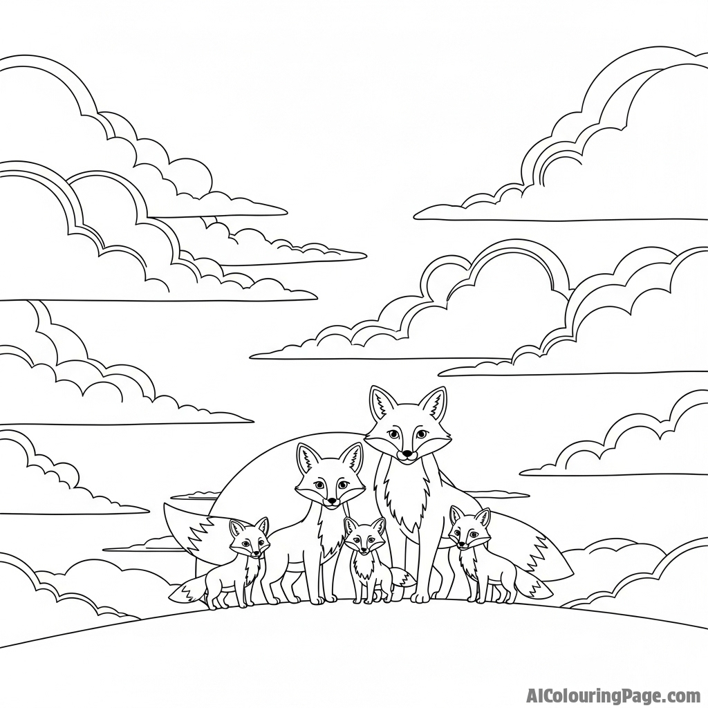 A family of foxes silhouetted against a dramatic, cloud-filled sky at dusk.