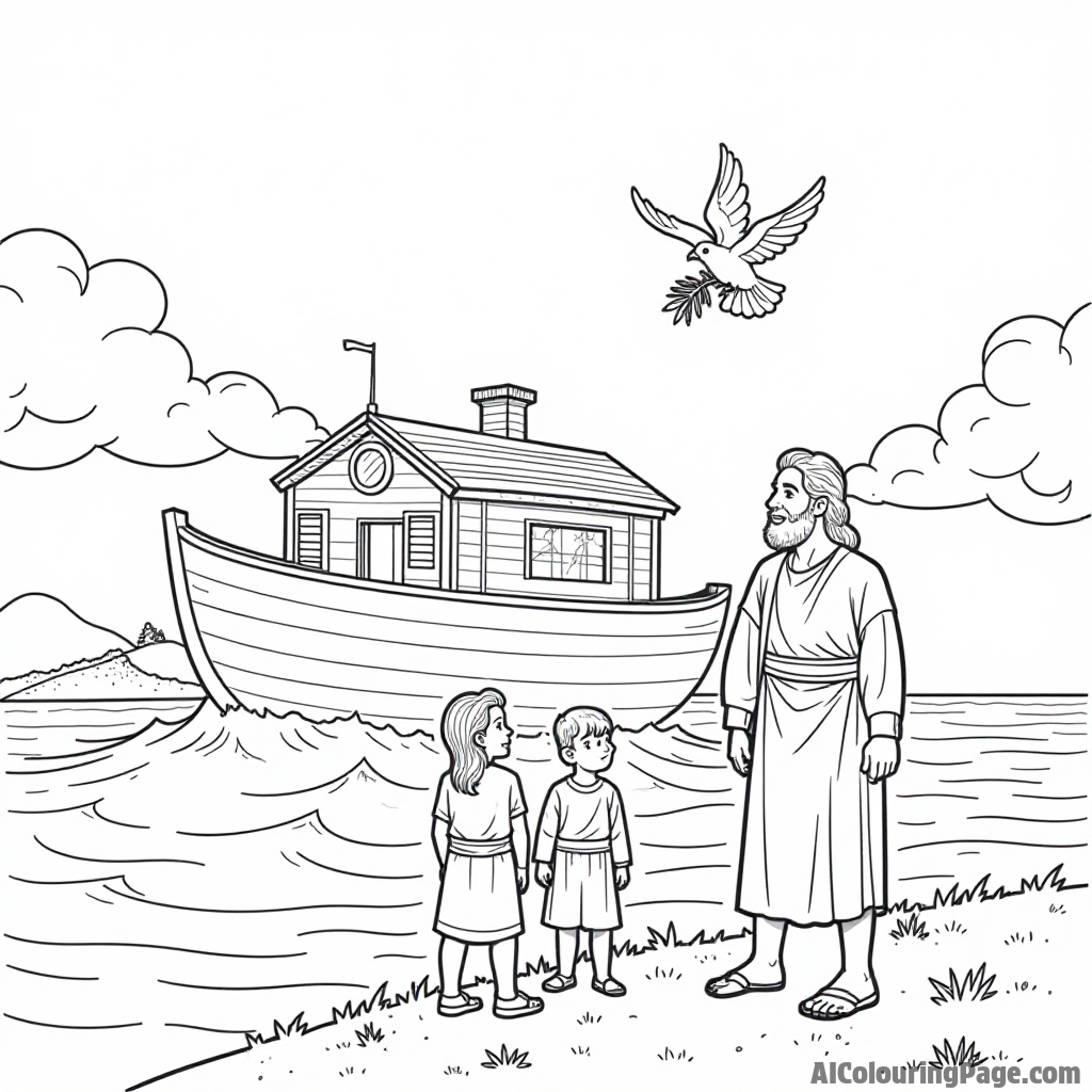 The ark resting on a mountain after the flood, with Noah and his family looking at a dove carrying an olive branch.