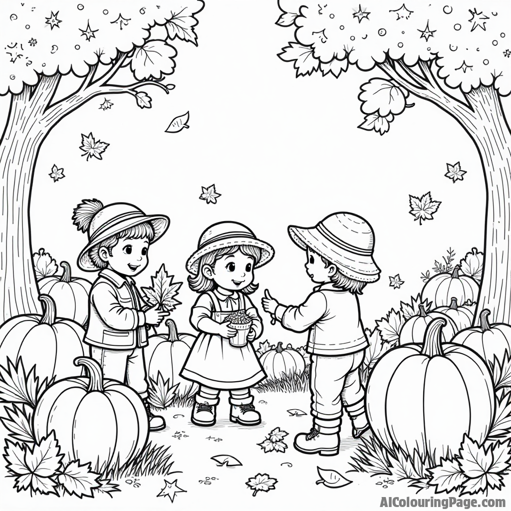 An enchanting autumn scene with children collecting leaves and playing in a pumpkin patch, adorned with Oktoberfest decorations, creating a fun-filled atmosphere for a coloring adventure.