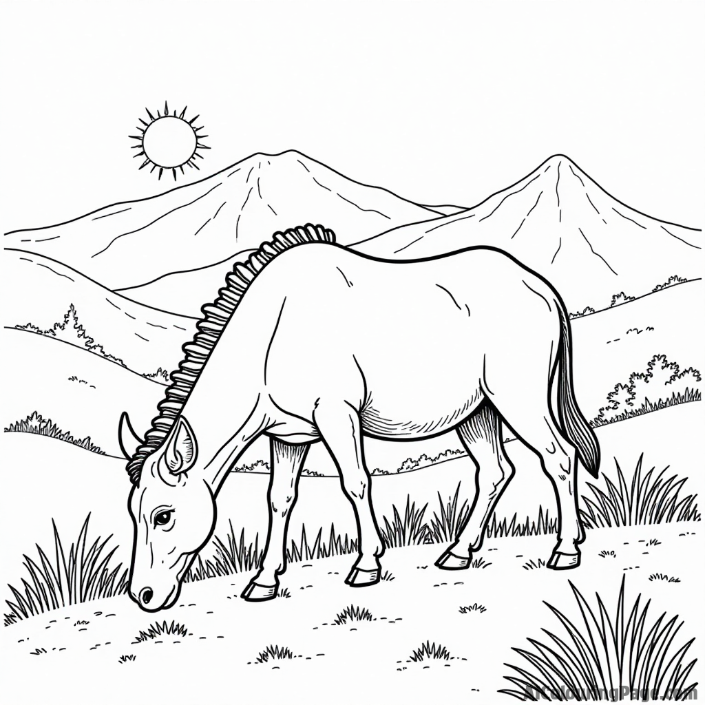 A gentle herbivore grazing peacefully on a hillside with distant mountains and a setting sun in the background.