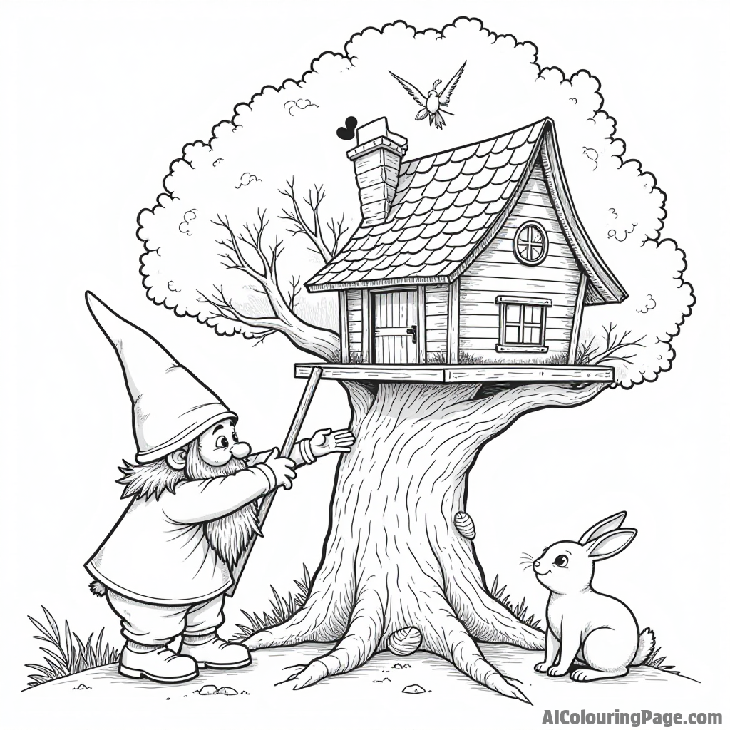 A gnome building a whimsical treehouse with friendly birds and a curious rabbit watching the construction process.