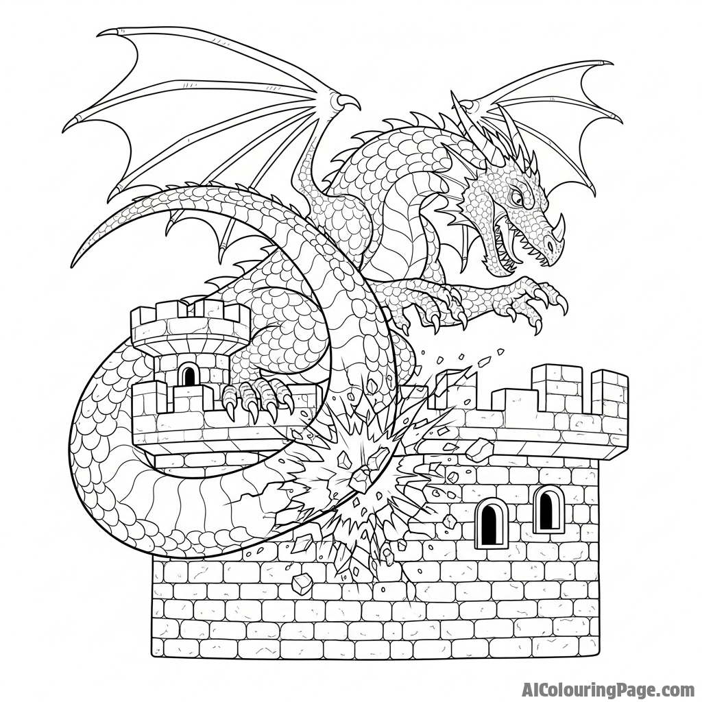 A dragon using its powerful tail to shatter a castle wall.