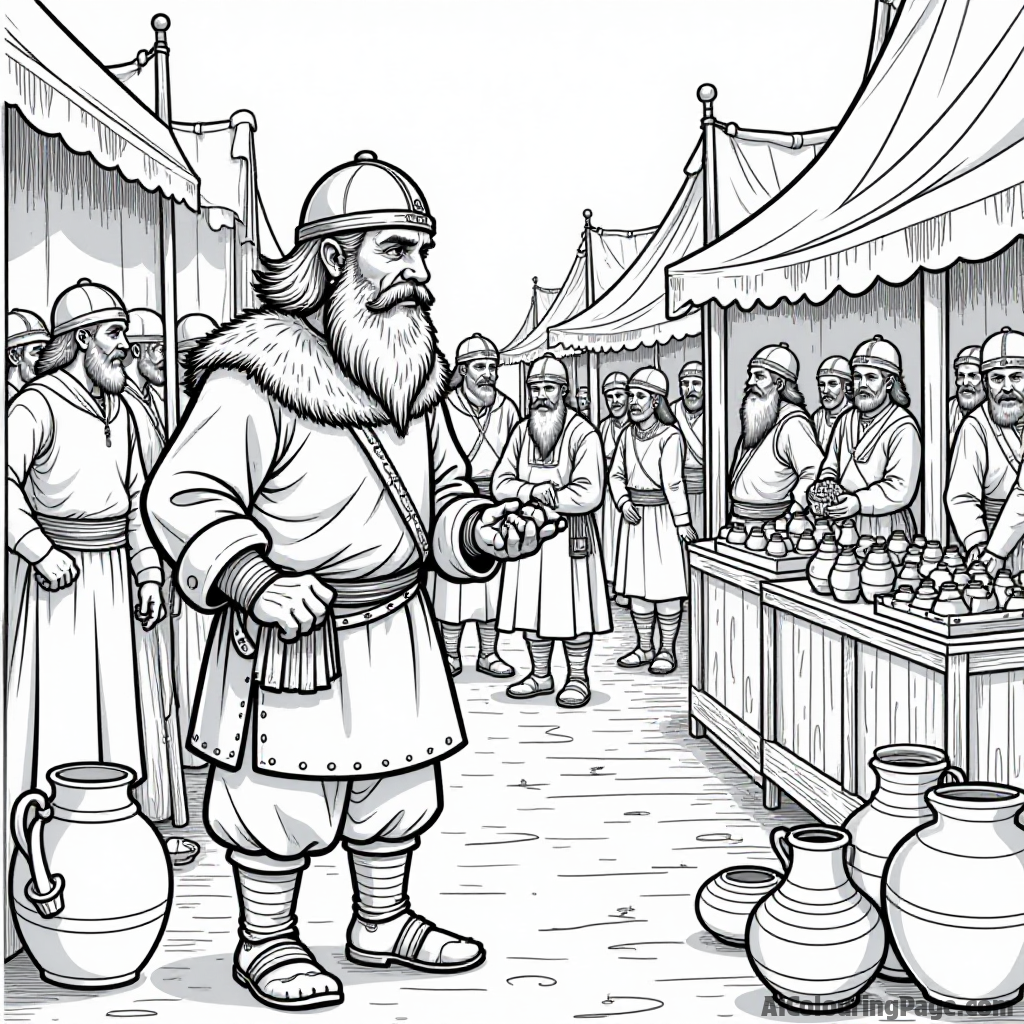 A Viking merchant trading goods in a bustling market, with colorful fabrics, pottery, and lively villagers, illustrating the vibrant culture of the Viking age for kids.