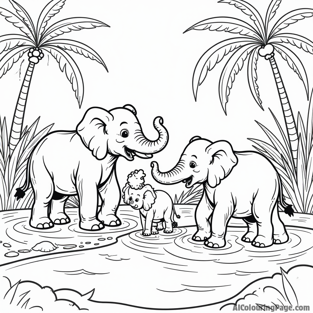 A group of playful elephants splashing water playfully in a jungle river, with tropical plants in the background, inviting children to immerse themselves in an exciting safari coloring adventure.