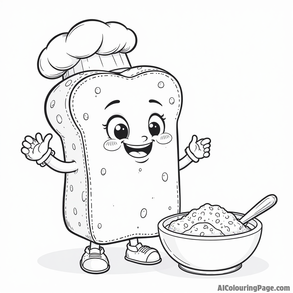 A happy bread loaf character wearing a chef hat, standing next to a rolling pin and a bowl of dough ingredients.