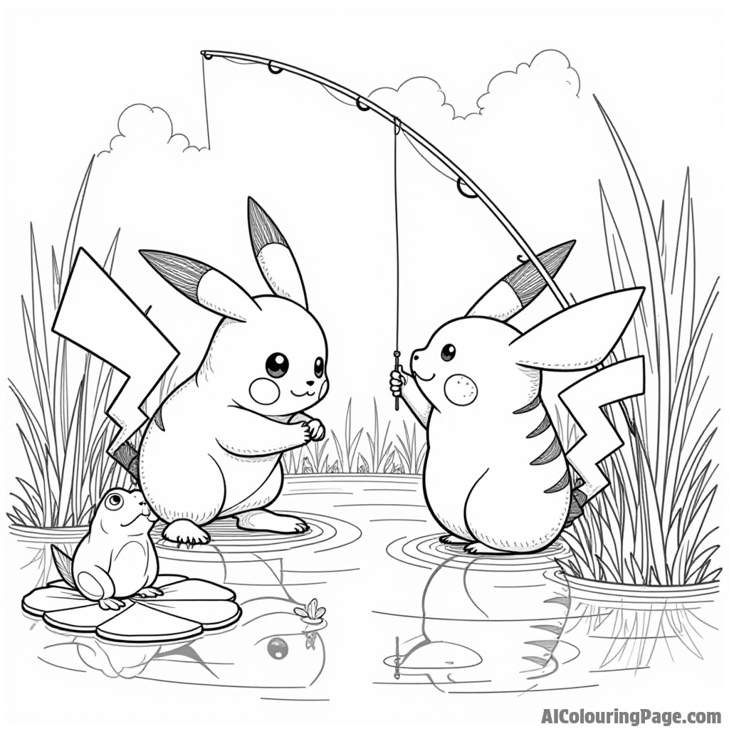 Pikachu fishing in a tranquil pond with a fishing rod and a frog sitting on a lily pad nearby