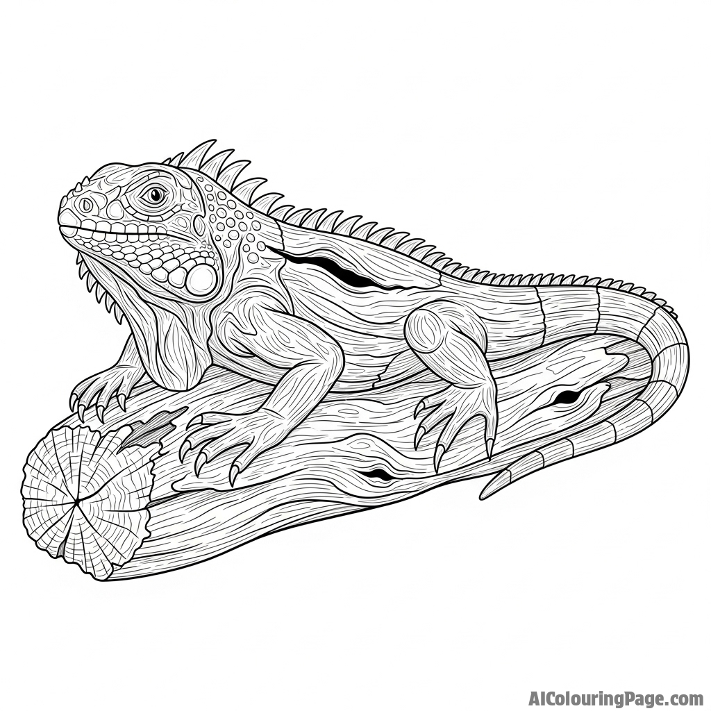A sculpture of an iguana carved from a single piece of driftwood.