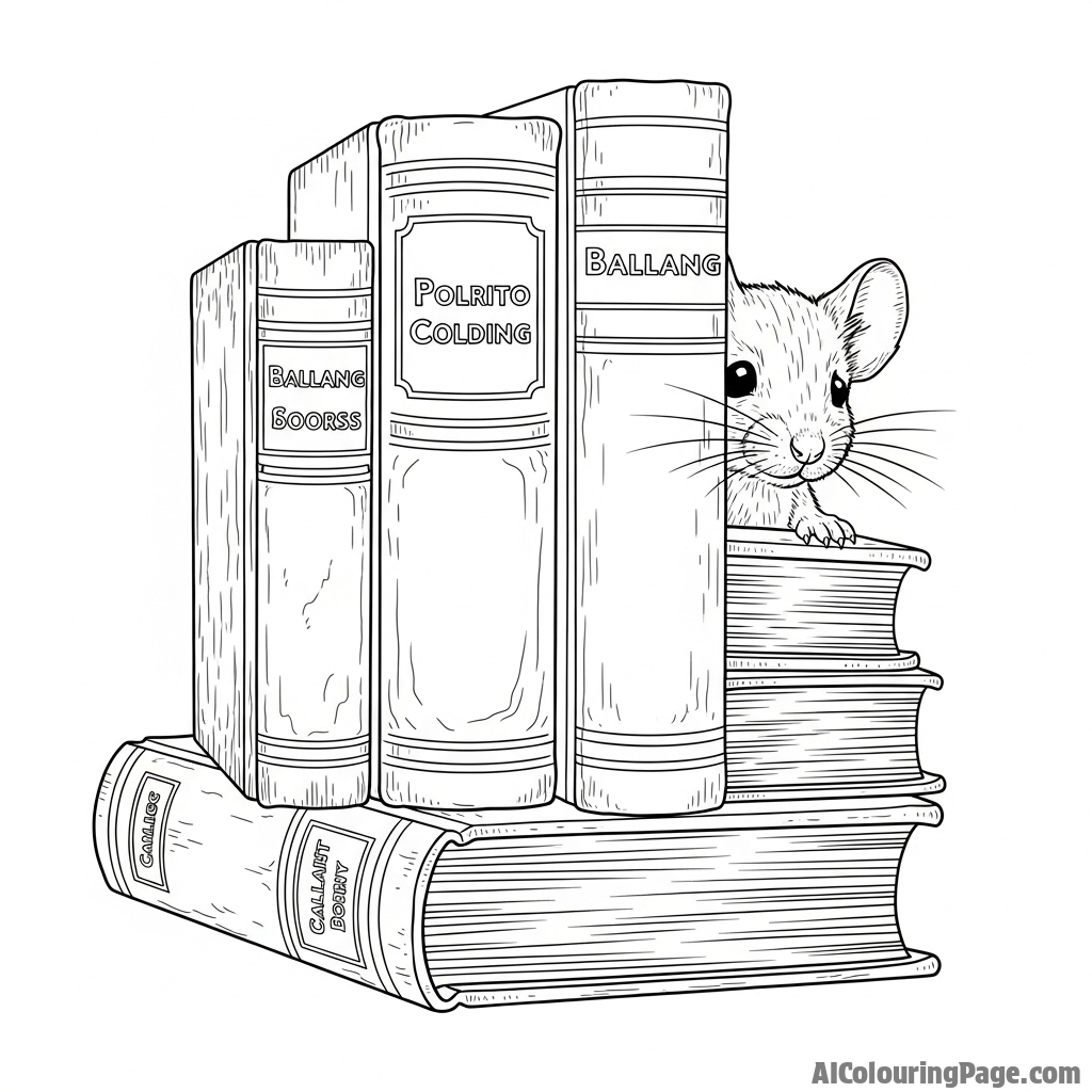 A mouse peeking from behind a stack of old, leather-bound tomes.