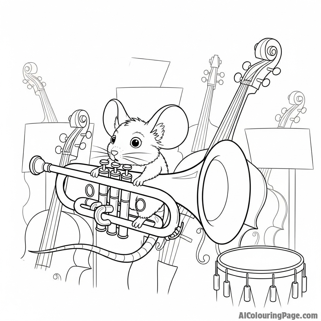 A mouse hiding inside the bell of a trumpet in a silent orchestra pit.