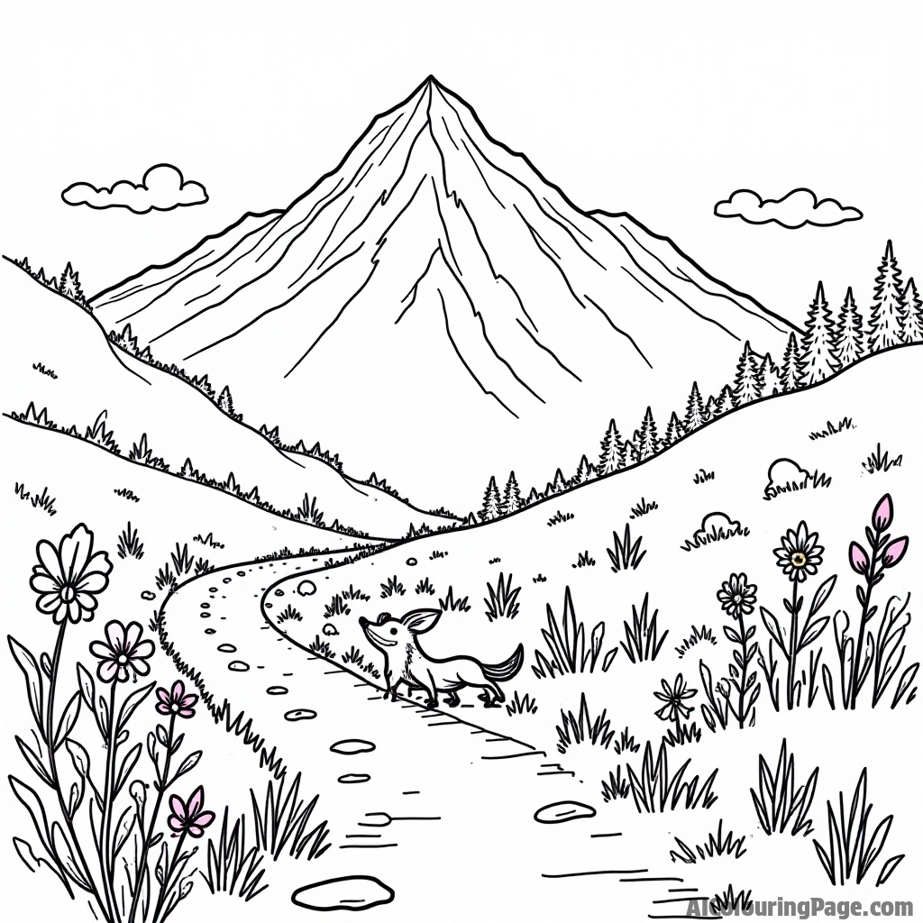 A mountain landscape with a winding path, colorful flowers growing along the trail, and a curious fox peeking from behind a bush, inviting young artists to bring it to life.