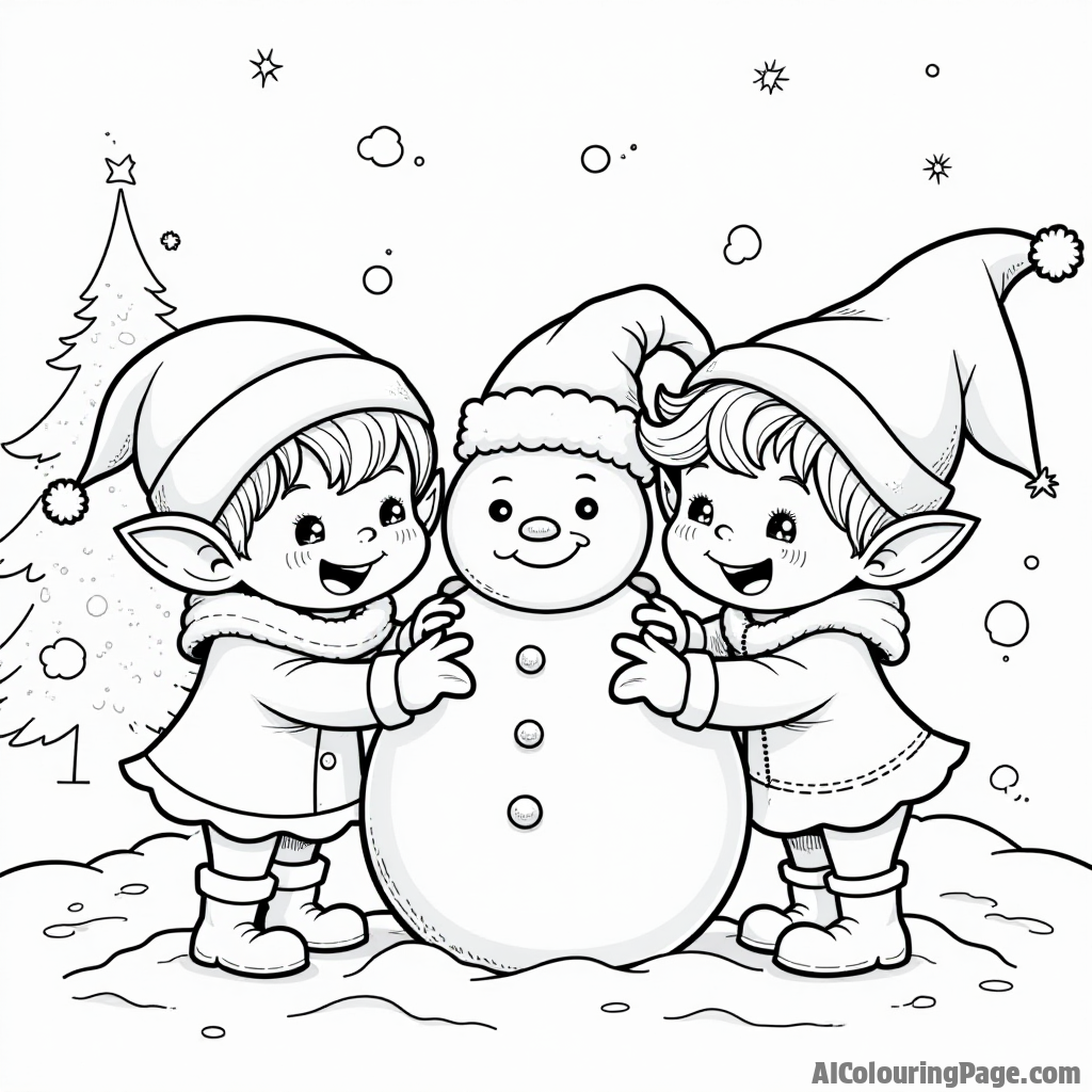 A group of happy elves building a snowman in a winter wonderland, with snowflakes falling around them, offering a delightful winter scene for kids to color creatively in black and white.