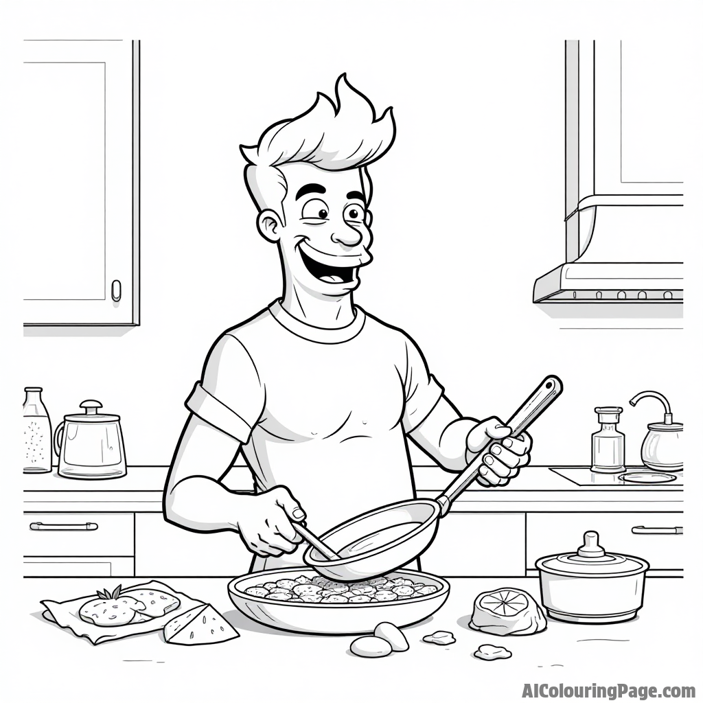 Johnny Bravo cooking in a kitchen with a frying pan and a comical mess around