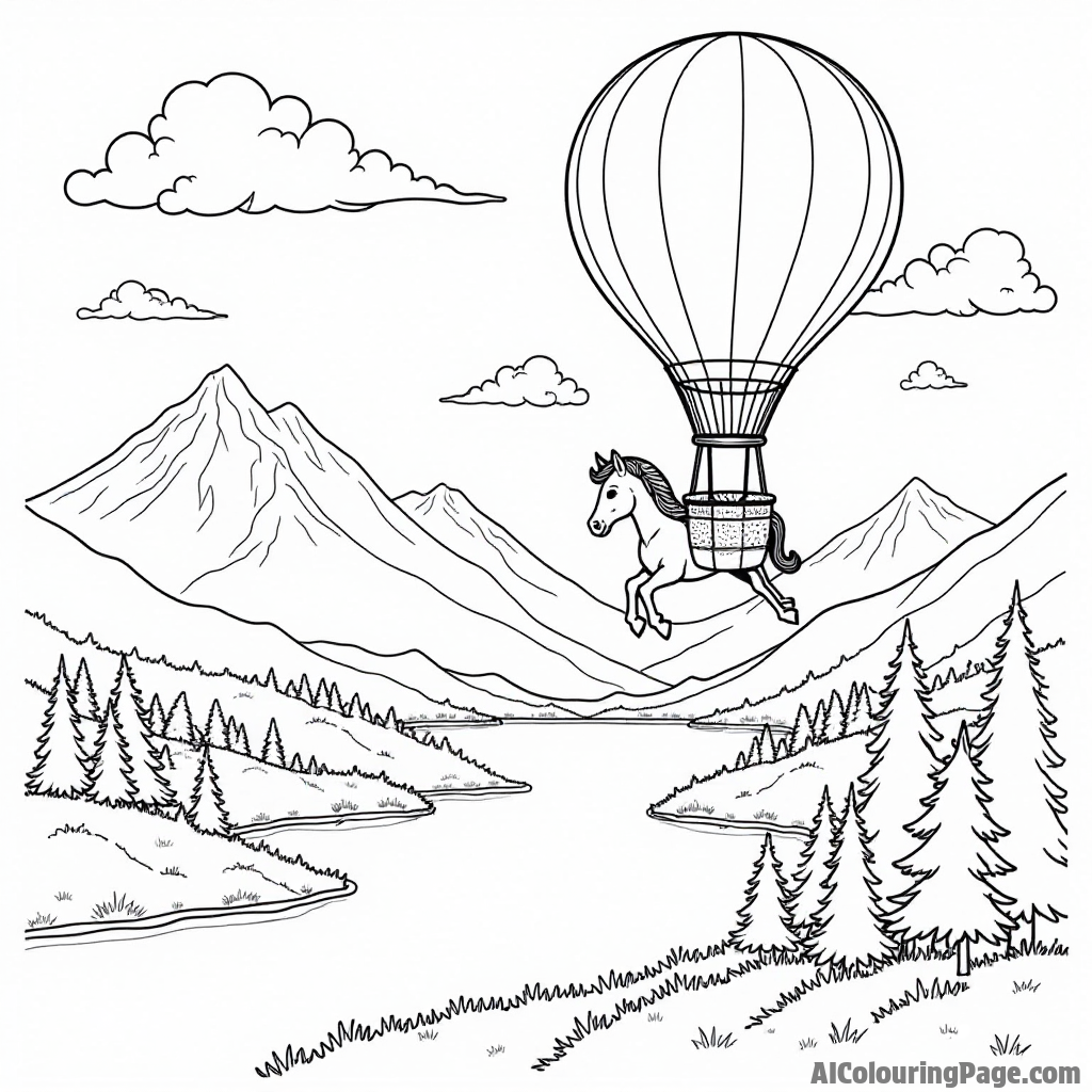 A pony flying in a hot air balloon above a beautiful landscape with lakes, mountains, and forests below.