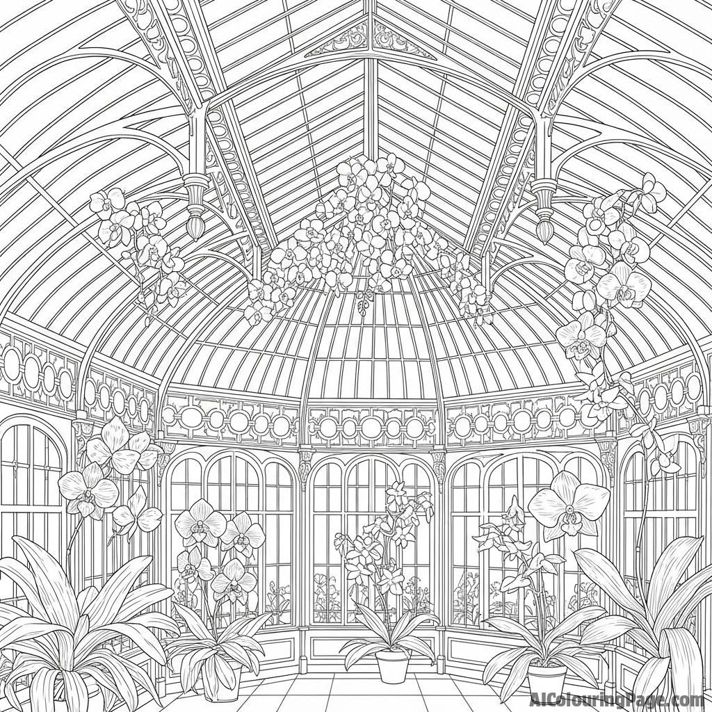 Architectural rendering of a greenhouse filled with rare orchids.