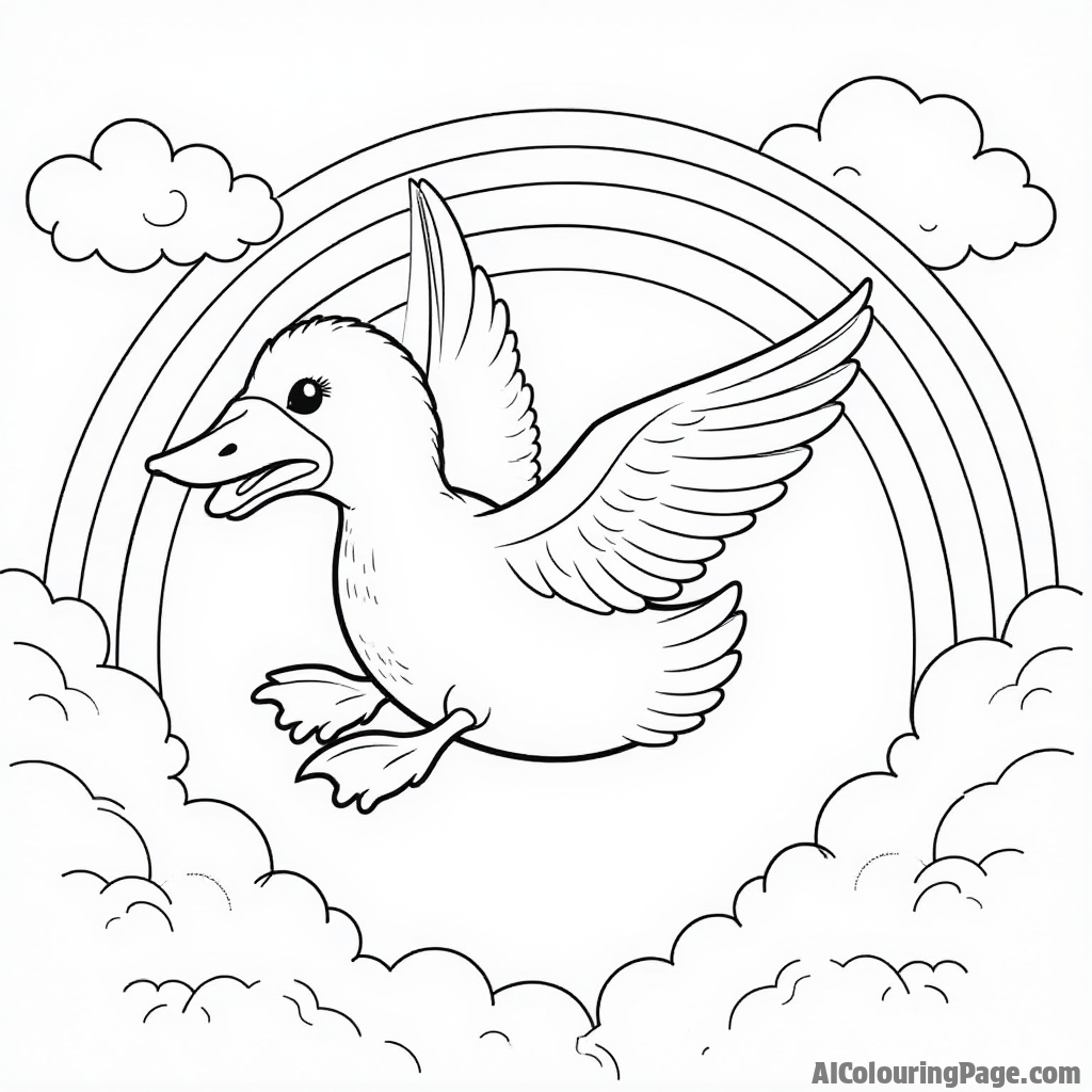 A duck flying high in the sky with fluffy clouds and a rainbow arching in the background.