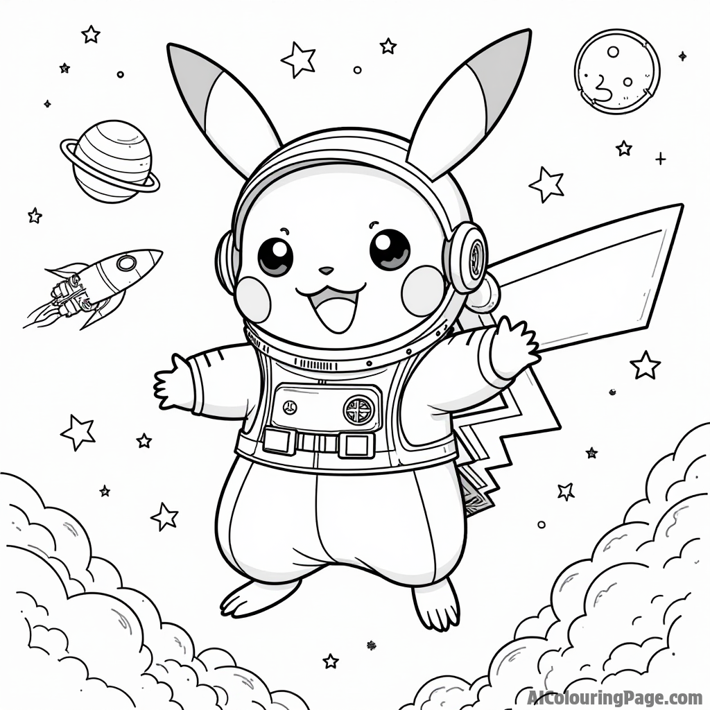 Pikachu dressed as an astronaut floating in space with stars, planets, and a rocket ship