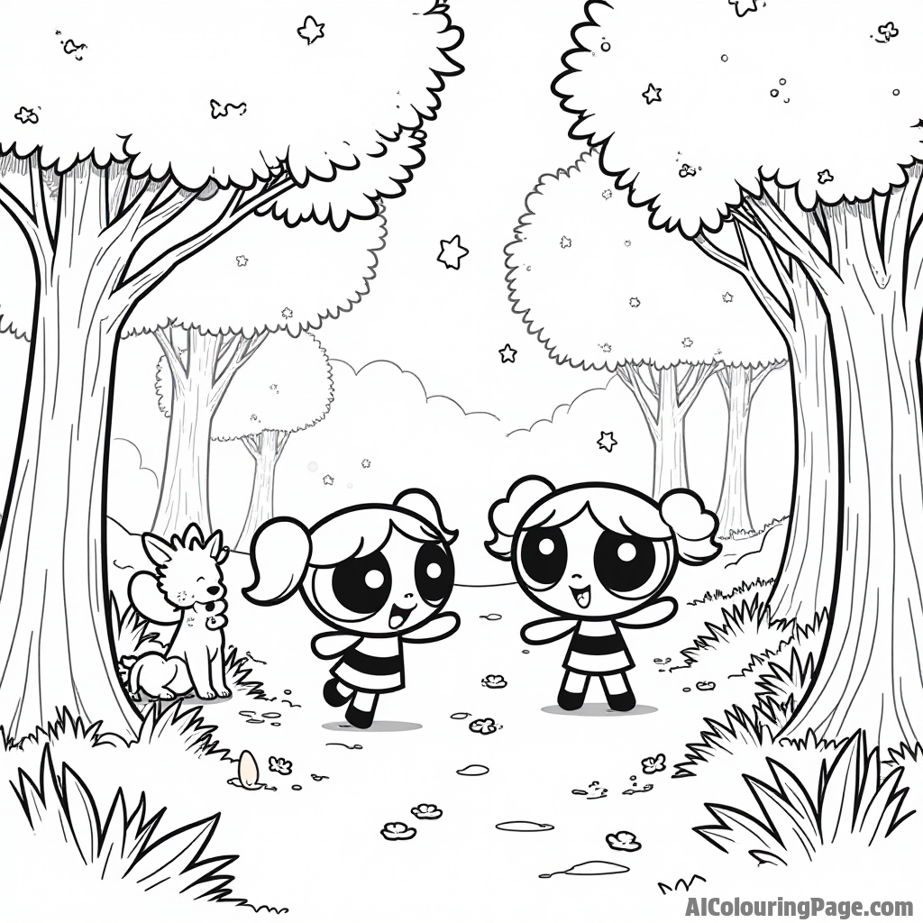 The Powerpuff Girls exploring a magical forest, with whimsical trees, friendly animals, and sparkling fireflies illuminating their path