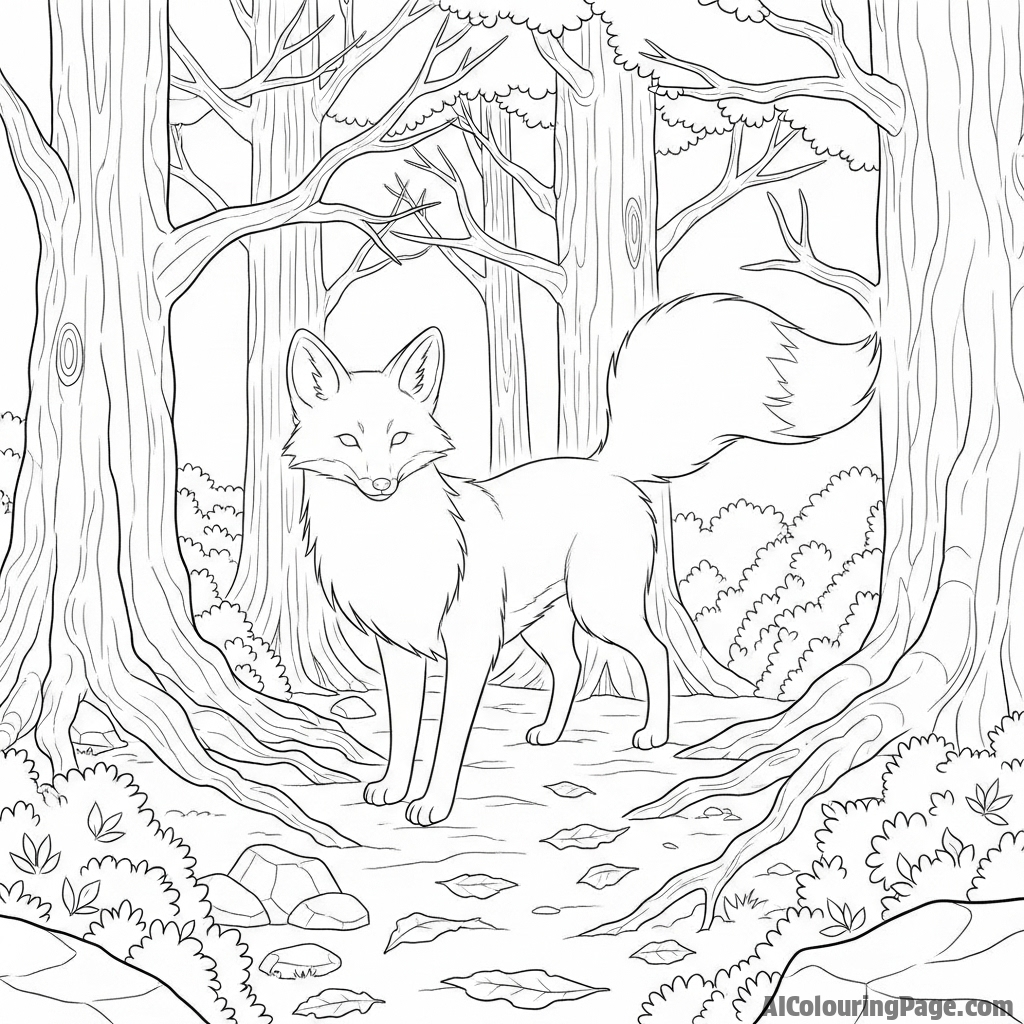 A ghost fox, translucent and glowing faintly, drifting through an ancient forest.