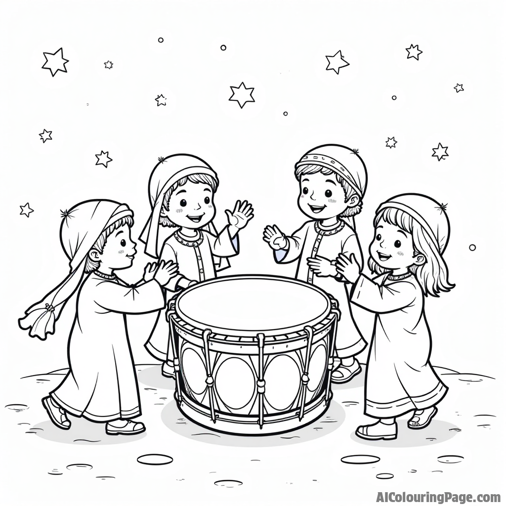 A traditional drum used during Ramadan nights, surrounded by children playing music and dancing, showcasing the festive spirit of the season. Festivals and Traditions Coloring Sheets.