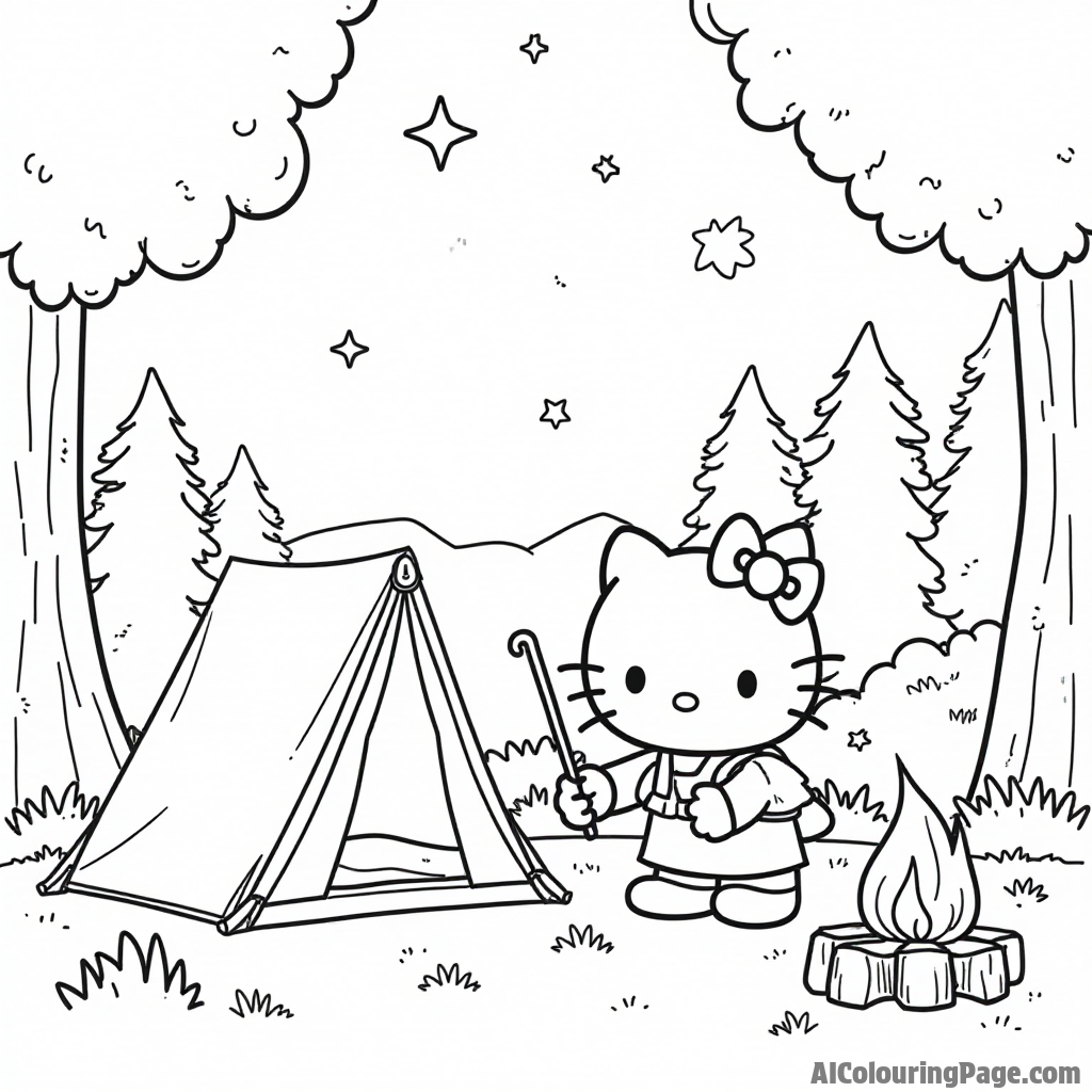 Hello Kitty camping in the woods with a tent, a campfire, and a starry night sky above