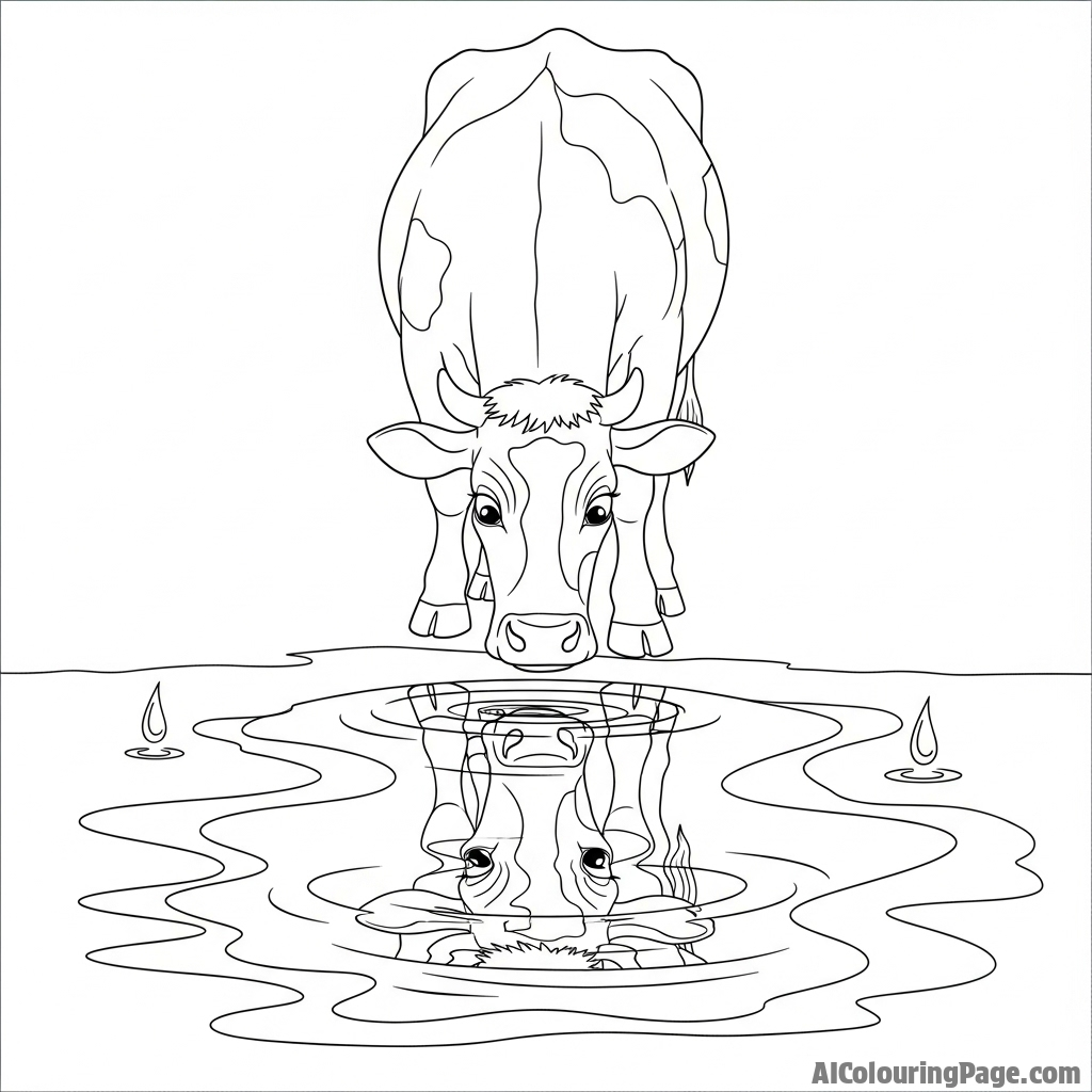 A cow looking at its distorted reflection in a puddle after a rainstorm.