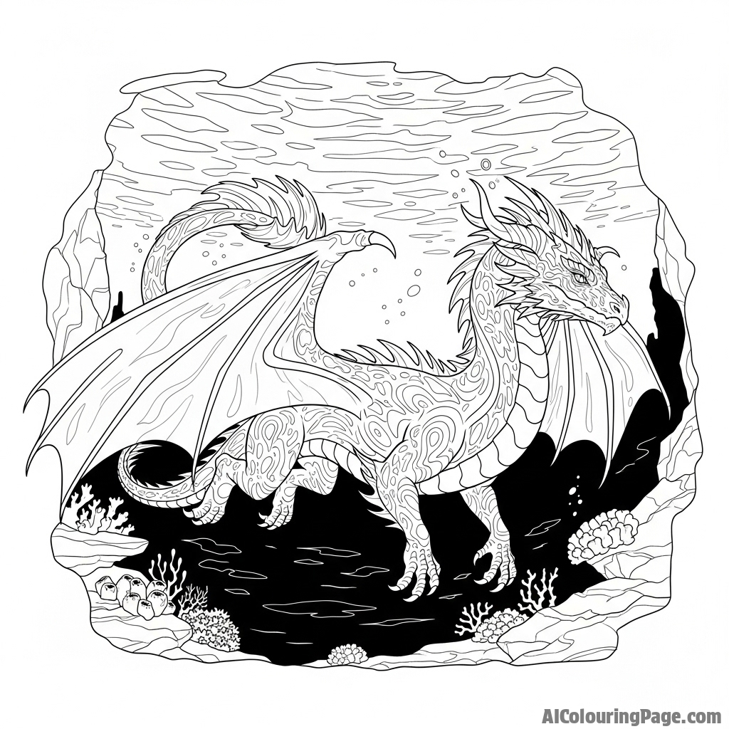 A dragon with bioluminescent patterns glowing on its hide, swimming in the abyssal depths.