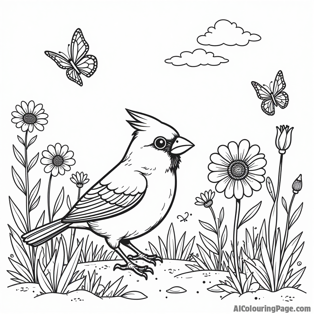 A curious cardinal exploring a garden filled with various flowers, butterflies fluttering about in a sunny scene for kids.