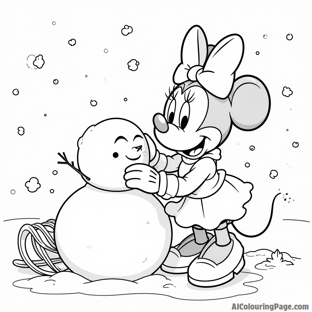 Minnie Mouse playing in the snow, building a snowman, with snowflakes falling and a sled nearby ready for fun