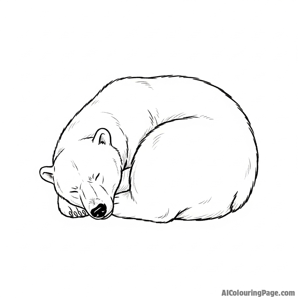 A charcoal sketch of a sleeping polar bear curled into a ball.