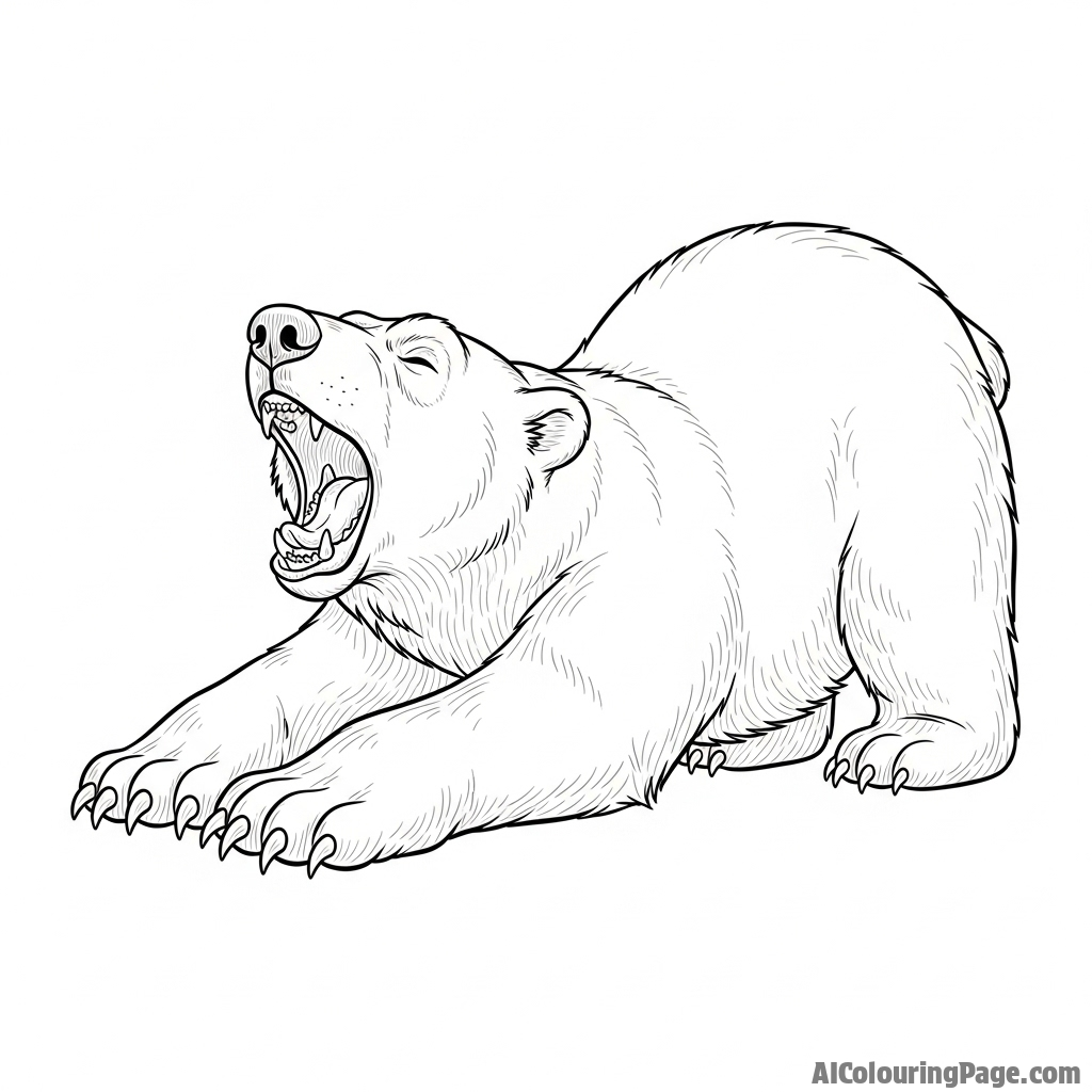 A polar bear stretching languidly after waking from a long slumber.