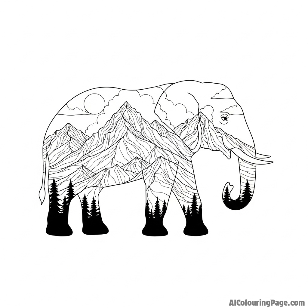 A double exposure portrait combining an elephant's profile with a vast mountain range.