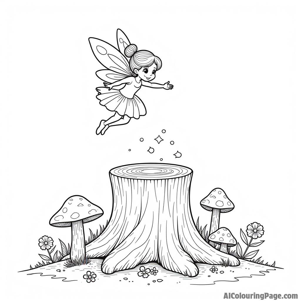 A playful fairy hovering above a magical tree stump with glowing mushrooms, flowers, and tiny woodland creatures all around