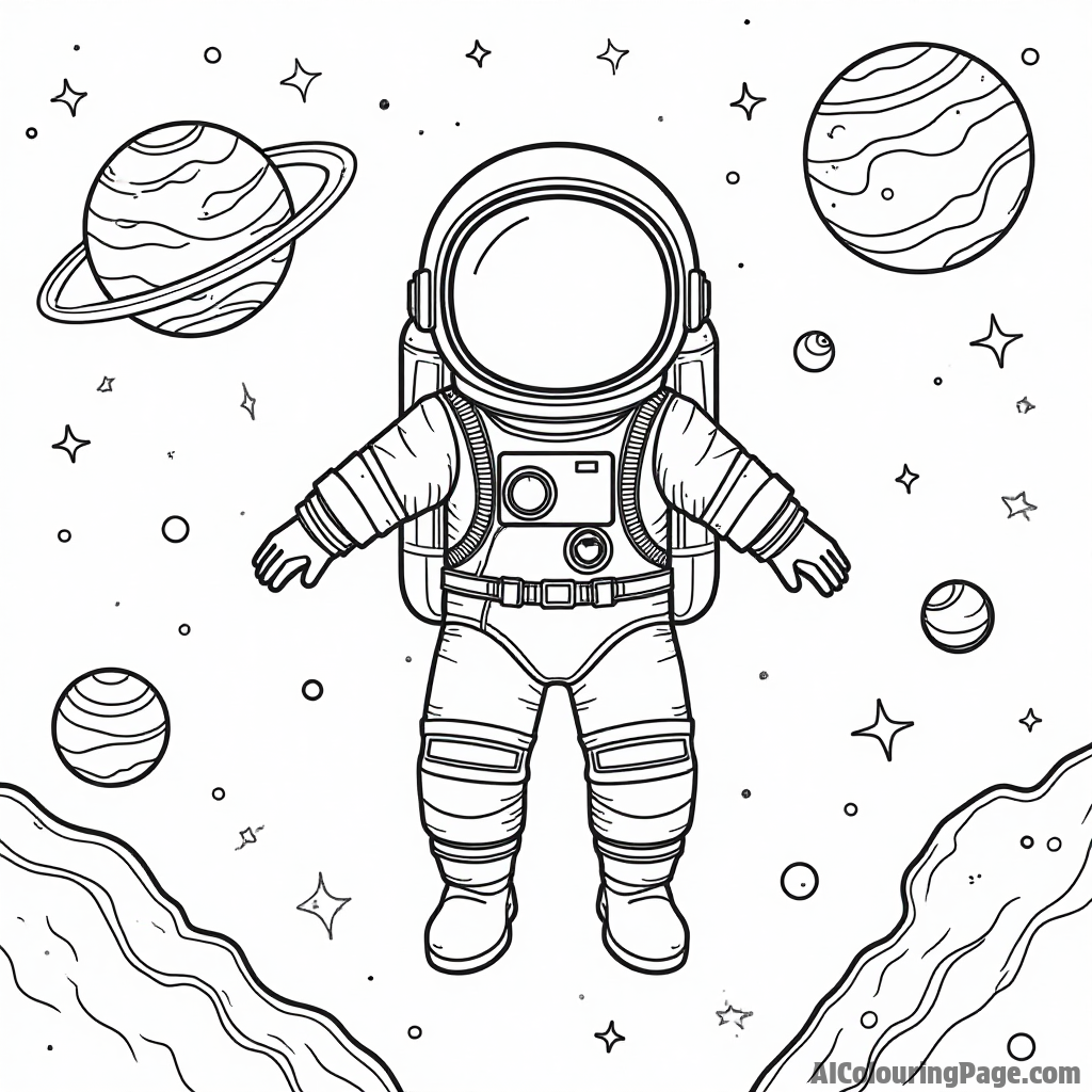 A character in a space suit floating in zero gravity, surrounded by colorful planets and sparkling stars all around.