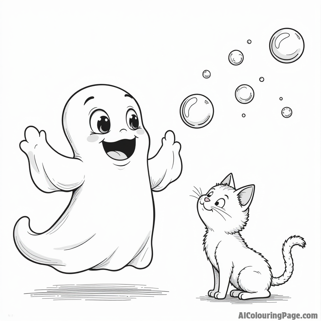 A playful ghost blowing bubbles with a few floating away and a curious cat trying to catch them.