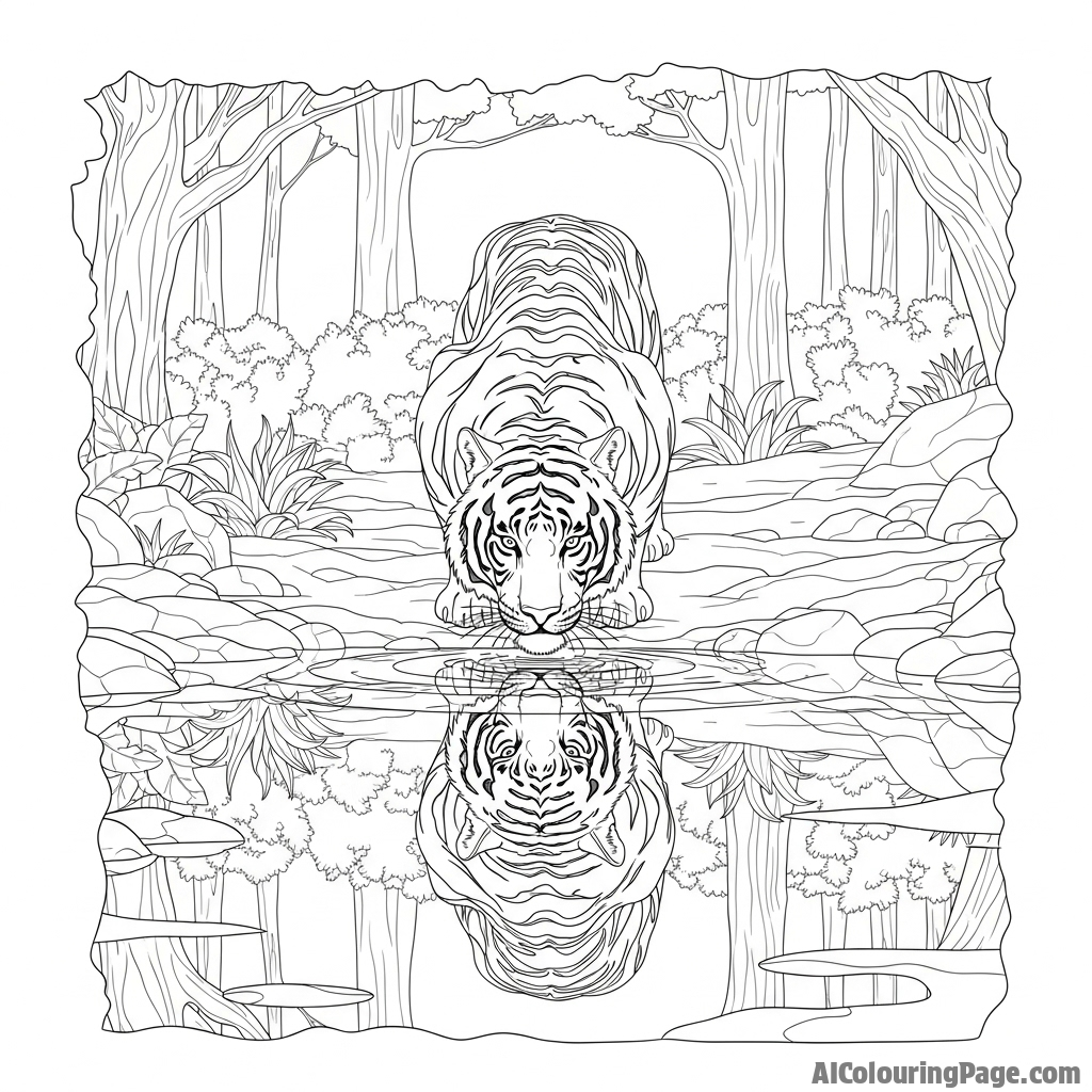 A low-angle shot of a tiger drinking from a still forest pool, its reflection perfectly mirrored.