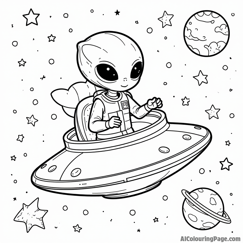 A friendly alien giving Earth children rides on their flying saucer through a galaxy filled with stars and planets.