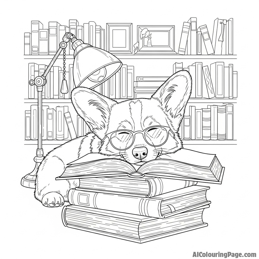 A corgi in a library, wearing tiny spectacles and dozing on a pile of antique books.