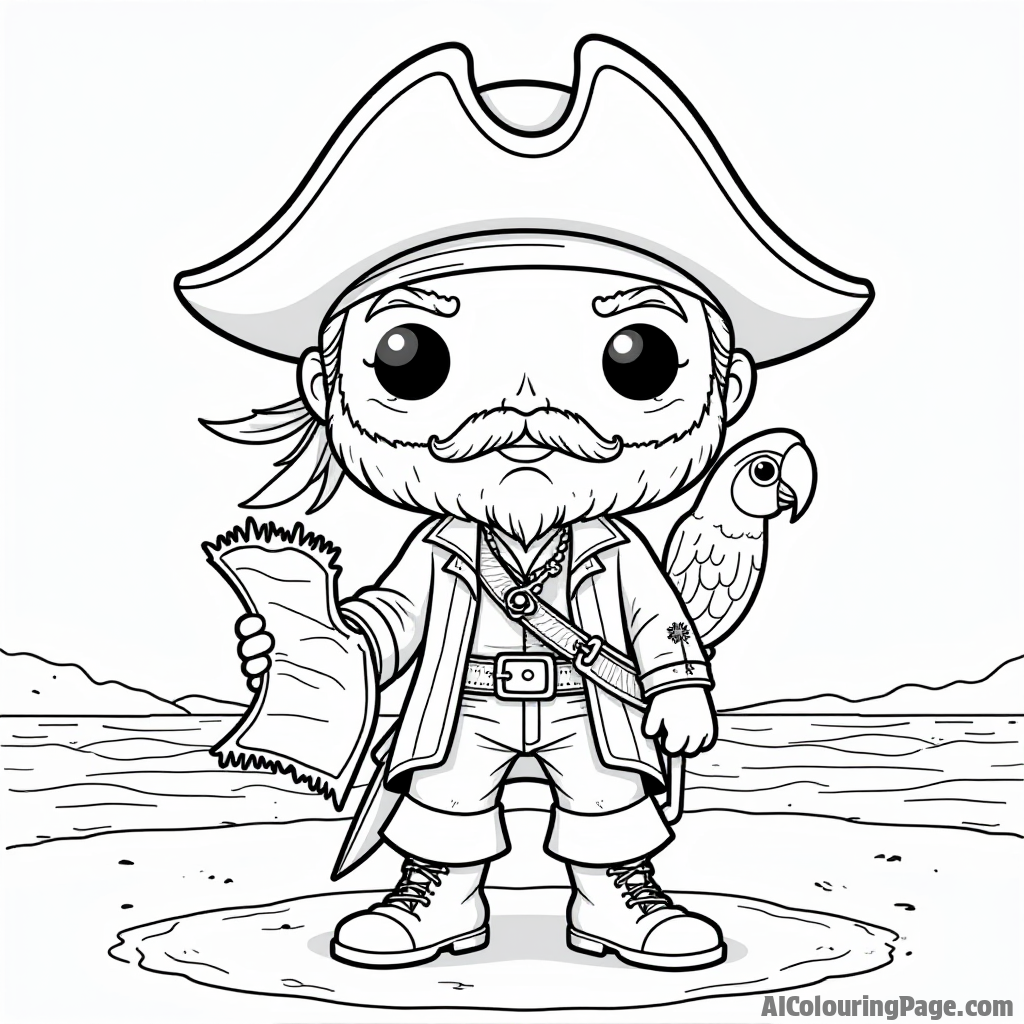 A Funko Pop version of a classic pirate holding a treasure map, standing on a sandy beach with a parrot perched on his shoulder, inviting kids to color their adventurous journey.